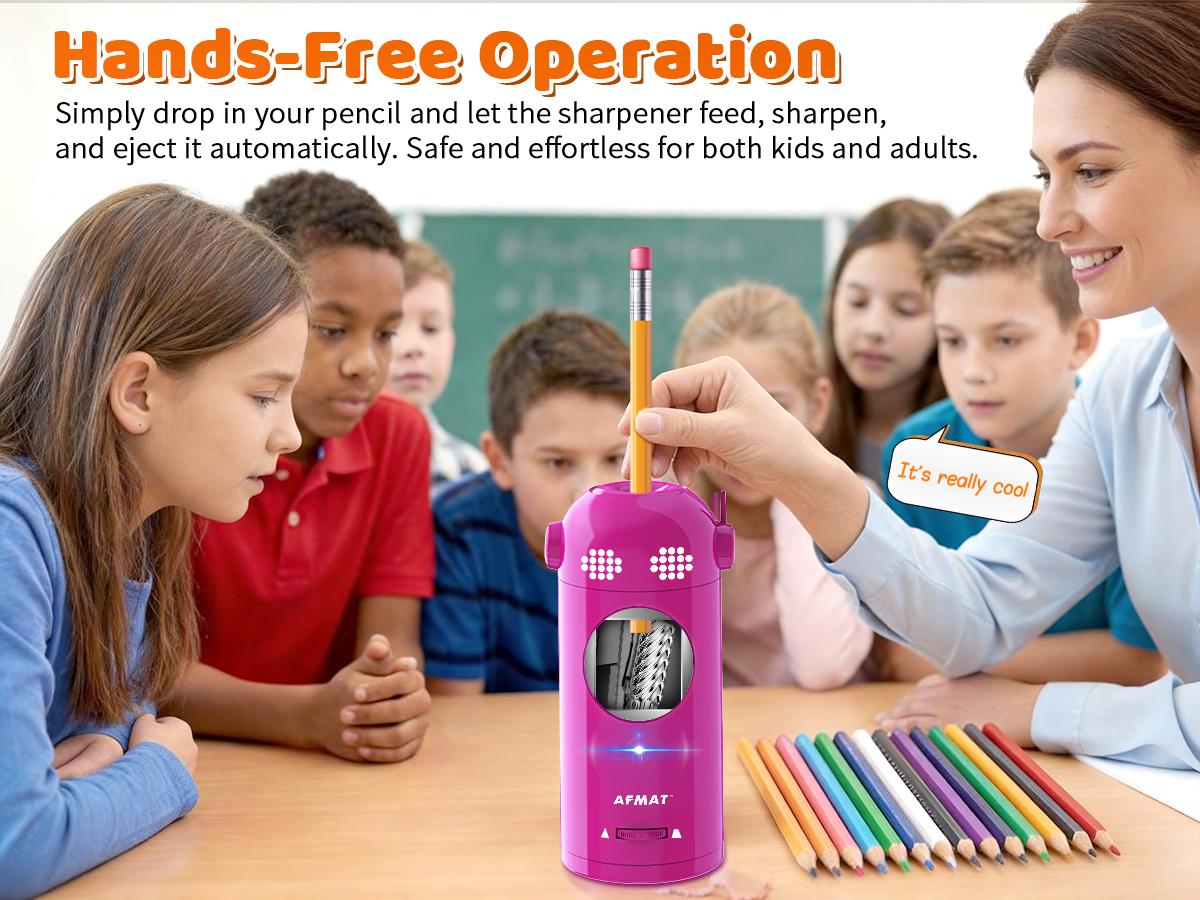【summervibes】AFMAT Robotic Pencil Sharpener - Fully Automatic Funny Robot Design, Hands-free, Rechargeable, 3 Sharpness Settings, Kid-Safe, 7-11.5mm Large Hole, Ideal for Home, School, Teacher  Gift  adhd office accessories