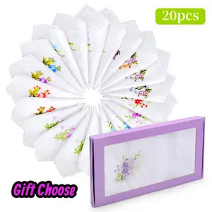 20Pcs Floral Embroidered Handkerchiefs with Box - Soft Cotton Hankies,Elegant White Lace Trimmed Gift Set,Elegant Gift for Womens