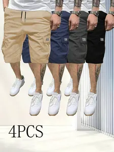 Men’s lightweight summer 4-pocket workwear shorts, featuring multiple pockets, a faux leather pocket design on the back, a relaxed fit, durability, and wrinkle resistance—perfect for everyday wear, street style, skateboarding, and camping activities.