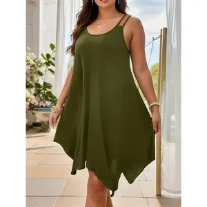 Plus Size Solid Irregular Hem Cami Dress, Casual Sleeveless Dress For Spring & Summer, Women's Plus Size Clothing