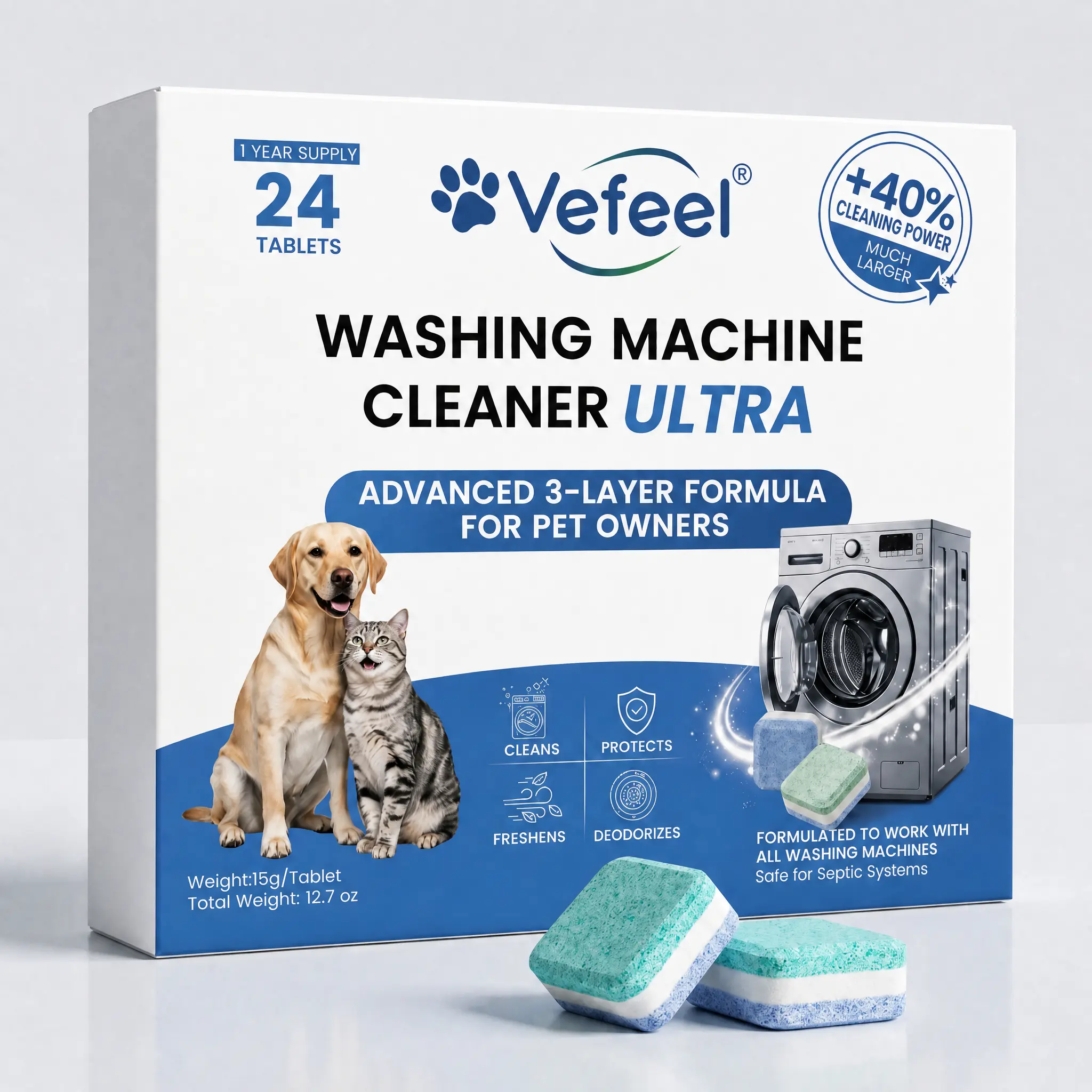 VEFEEL ULTRA Washing Machine Cleaner Tablets (24 Pack, 12 Month Supply) for Pet Owners, 40% More Cleaning Power, Advanced 3-Layer Formula Removes Pet Hair, Grime & Dog Odors, Deep Descaler & Odor Eliminator for Various Washing Machines