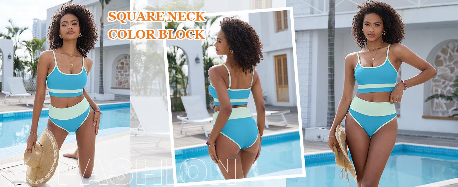 ANRABESS Women High Waisted Bikini Sets Color Block Summer Beach Vacation 2 Piece Bathing Suit Tummy Control Ribbed Swimsuit