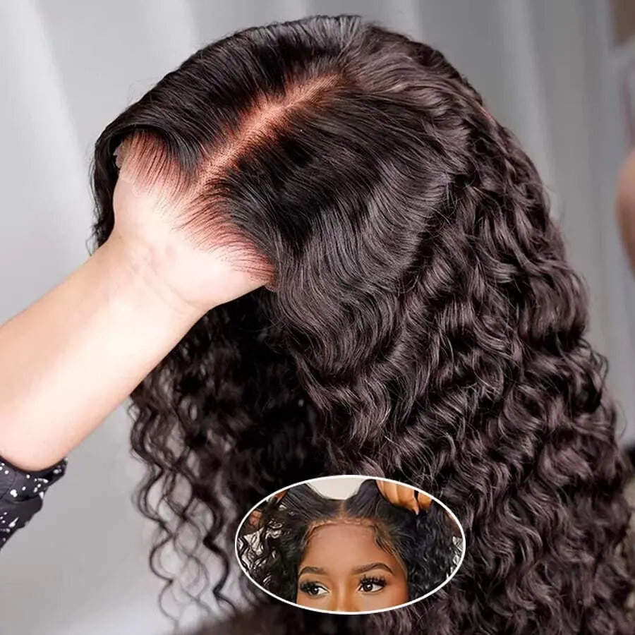 MYLOCKME Women's Natural Human Hair Lace Closure Wigs, 30-32in Deep Wave Glueless HD Lace Pre-Plucked Full Frontal Wigs with 6x4/5x5/9x6/7x5 Closure & HD Cap, Easy-To-Wear Natural Black, Frontal Glueless Human Hair Lace Closure Wigs