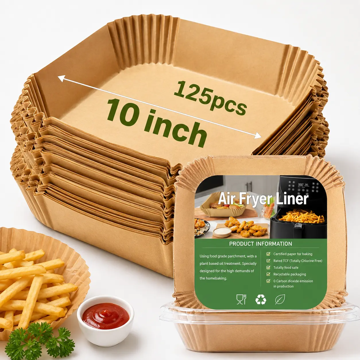 125-Count 10-Inch Square Air Fryer Paper Liners, Disposable Non-Stick Parchment Liners for 8–10 QT Air Fryers, Baking, Roasting & Microwave