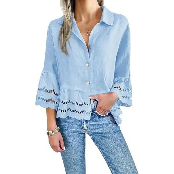 Cicy Bell Womens 3/4 Bell Sleeve Button Down Shirts Casual Ruffle Hem Tops Eyelet Blouse