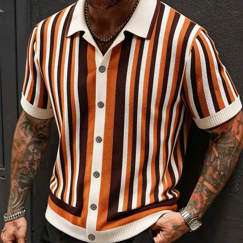 Men's Italian-British Style Short-Sleeve Woven Shirt - Men's Clothing, Lapel Collar, Vertical Multi-Color Stripes, Full Button Front, Ribbed Cuffs & Hem, Standard Silhouette, Lightweight Retro Foldable Summer Top for Vacation, Commute, S #SummerWins