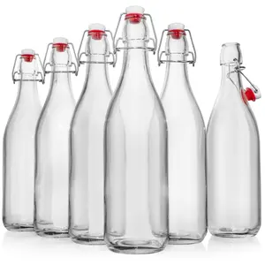 Swing Top Glass Bottles [1 Liter / 33 fl. oz.] [Pack of 6] – Flip Top Coquito Bottles for Kombucha, Fermentation, Beer, Kefir, Wine – Airtight Stopper Lids with Extra Gaskets, Funnel, Labels & More