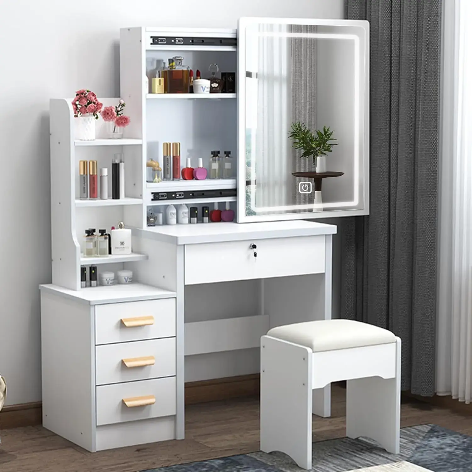 Modern White Makeup Vanity Desk with Vanity Cabinet, Smart LED Lights Mirror, Charging Station, 4 Drawers, Hairdryer Rack & Makeup Stool - Compact Indoor Furniture for Girls' Bedrooms, Mother's Day Gift