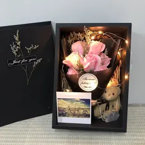 Elegant Rose Bouquet Set with 7 Glittering Roses Artificial Band & Adorable Bear Shiny Gift Box for Valentine's Day Anniversary Wedding Engagement