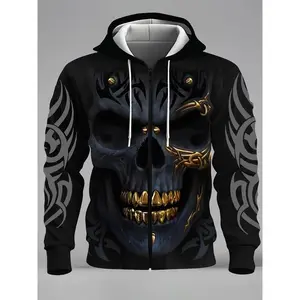 Men's fashionable casual novel 3D skull pattern printed zipper pocket hoodie
