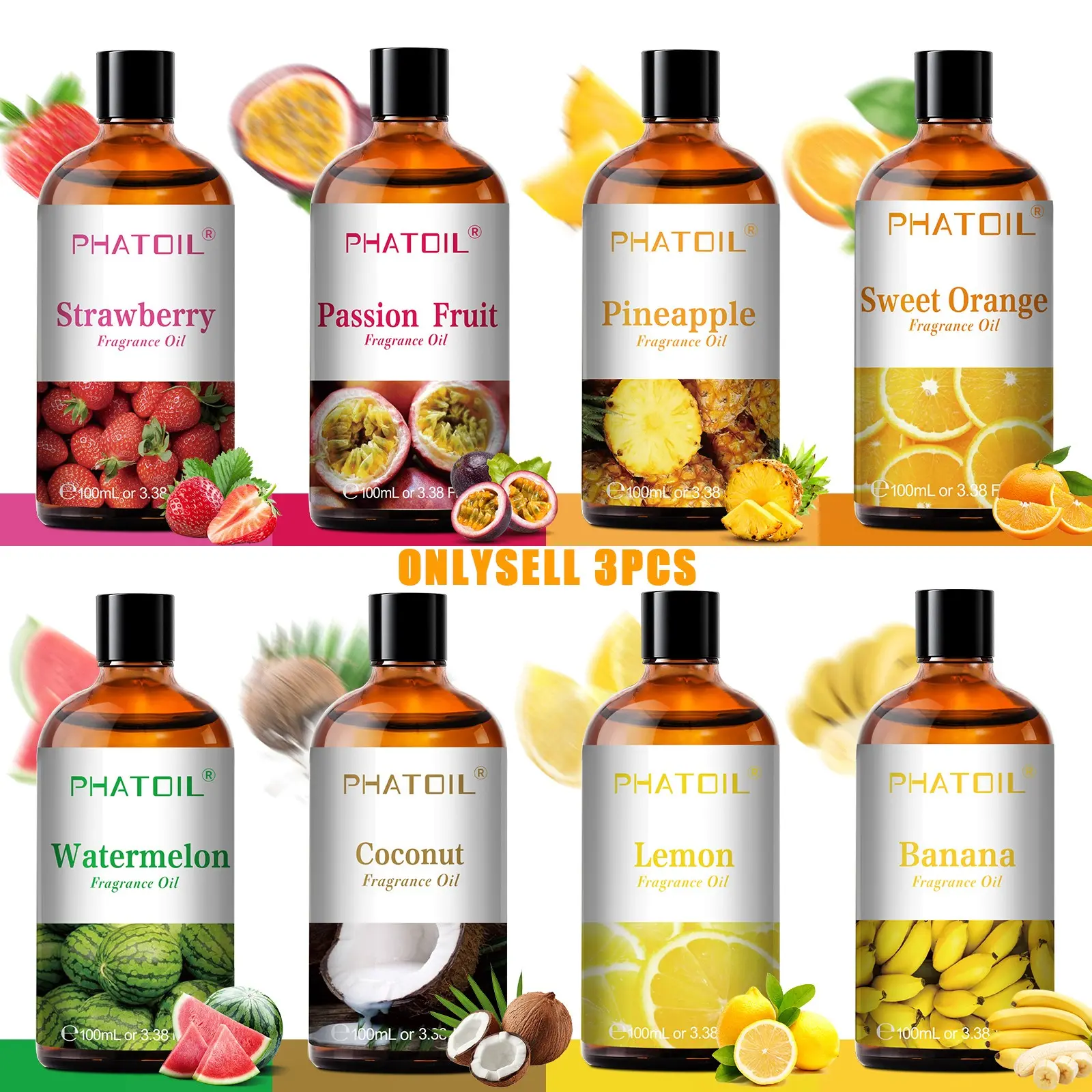 100ML Fruity Essential Oil for Diffusers & Humidifiers-3 Packs, Lemon Apple Strawberry Scented Aromatherapy Oil for DIY Candles & Perfume Making, Long Lasting, Calming Home Fragrance, Scented Oils