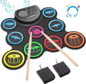 Electronic Drum Set, 9-Drum Practice Pad With Headphone Jack, Roll-up Drum Kit Machine with Built-in Speaker Drum Pedals and Sticks 10 Hours Playtime, Great Christmas For Kids