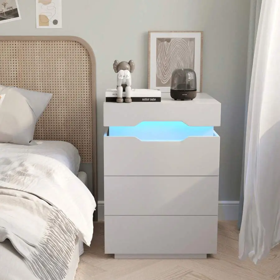 Classic RGB LED Light Rectangular Bedroom Nightstand with Charging Station, MDF Build, Plug Outlets, 2 USB Ports, 3 Drawers, Top Storage Space, Exquisite Craftsmanship, 20 Different Color Options, Assembly Guide