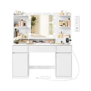 Vanity Desk with Mirror and 9 LED Bulbs, Vanity Makeup Table with Power Outlets, Dressing Table with 2 Cabinets, for Bedroom