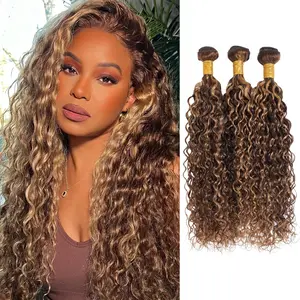 ALHER 12A Water Wave Ombre Single Bundles Soft Thick P4/27 Honey Blonde Highlight 3 Bundles Wet and Wavy Brown Highlight Colored Curly Human Hair Bundles 100% Brazilian Virgin Remy Hair