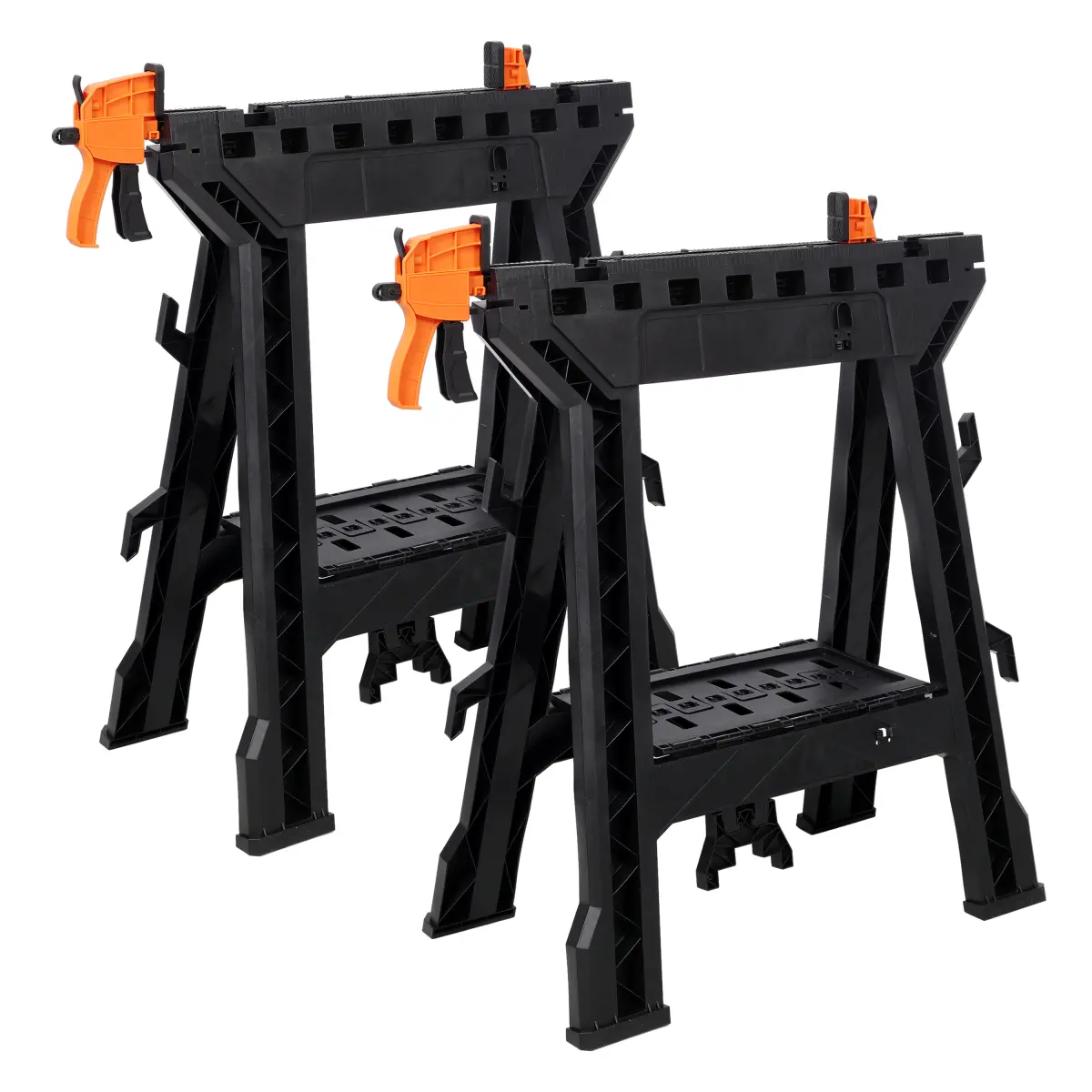 Folding Clamping Sawhorse Set of 2 Heavy Duty 2200 Lbs Load Capacity Plastic Sawhorse for Garage and Workshop Fully Assembled