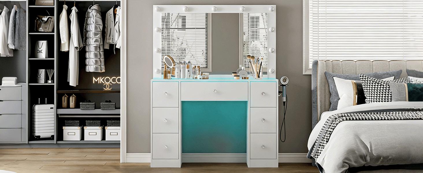 Vanity with Power Outlet and 11 Lights, Mirrored Dressing Table with 7 Drawers, Suitable for Bedrooms and Dressing Rooms, White Finish Makeup Dresser Makeup Storage Desk
