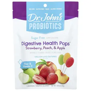 Dr. John's Healthy Sweets Probiotics, Digestive Health Pops™, + Fiber & Vitamin C, Strawberry, Peach & Apple, 14 Individually Wrapped Lollipops, 3.85 oz (109 g)