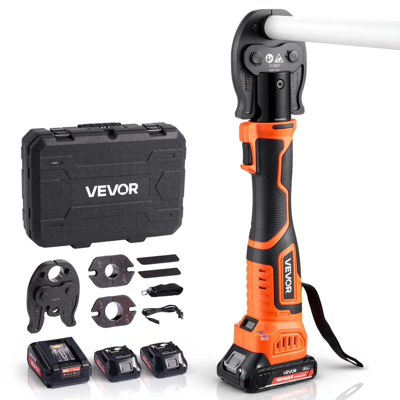 【summerfinds】VEVOR Cordless Mini Press Tool, 18V Electric Pipe Crimping Tool for 1/2", 3/4", 1" PEX Pipe Copper Rings, PEX Press Tool Kit with 2pcs Battery, Fast Charger & Carrying Case - Meet ASTM F1807 Standard