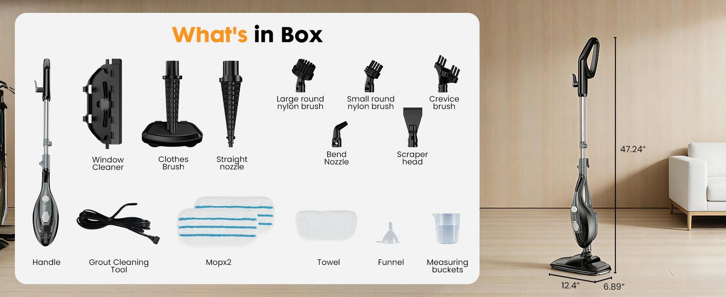 10-in-1 Steam Mop, 1550W Detachable Handheld Steam Cleaner for Floor Cleaning, 16FT Cord, 2 Washable Pads, Multi-Purpose Floor Steamer for Hardwood, Carpet, Tile, Grout, Windows