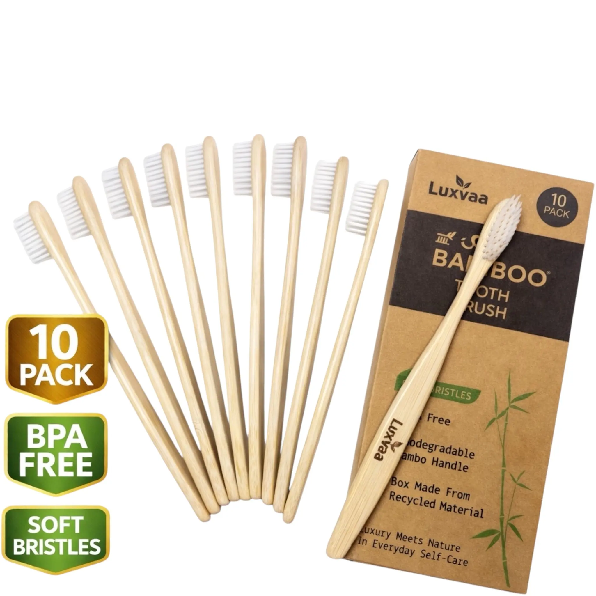 Bamboo Toothbrushes 10-Pack - Eco-Friendly Oral Care for Adults with Gentle Soft Bristles, BPA-Free Biodegradable Handle, Bulk Toothbrushes, Oral Care Supplies