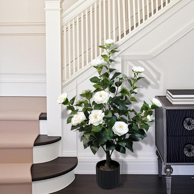 2 pcs of artificial camellia tree with built-in flower pot, 35.43 inch green plant potted plant suitable for indoor, outdoor, courtyard, porch decoration