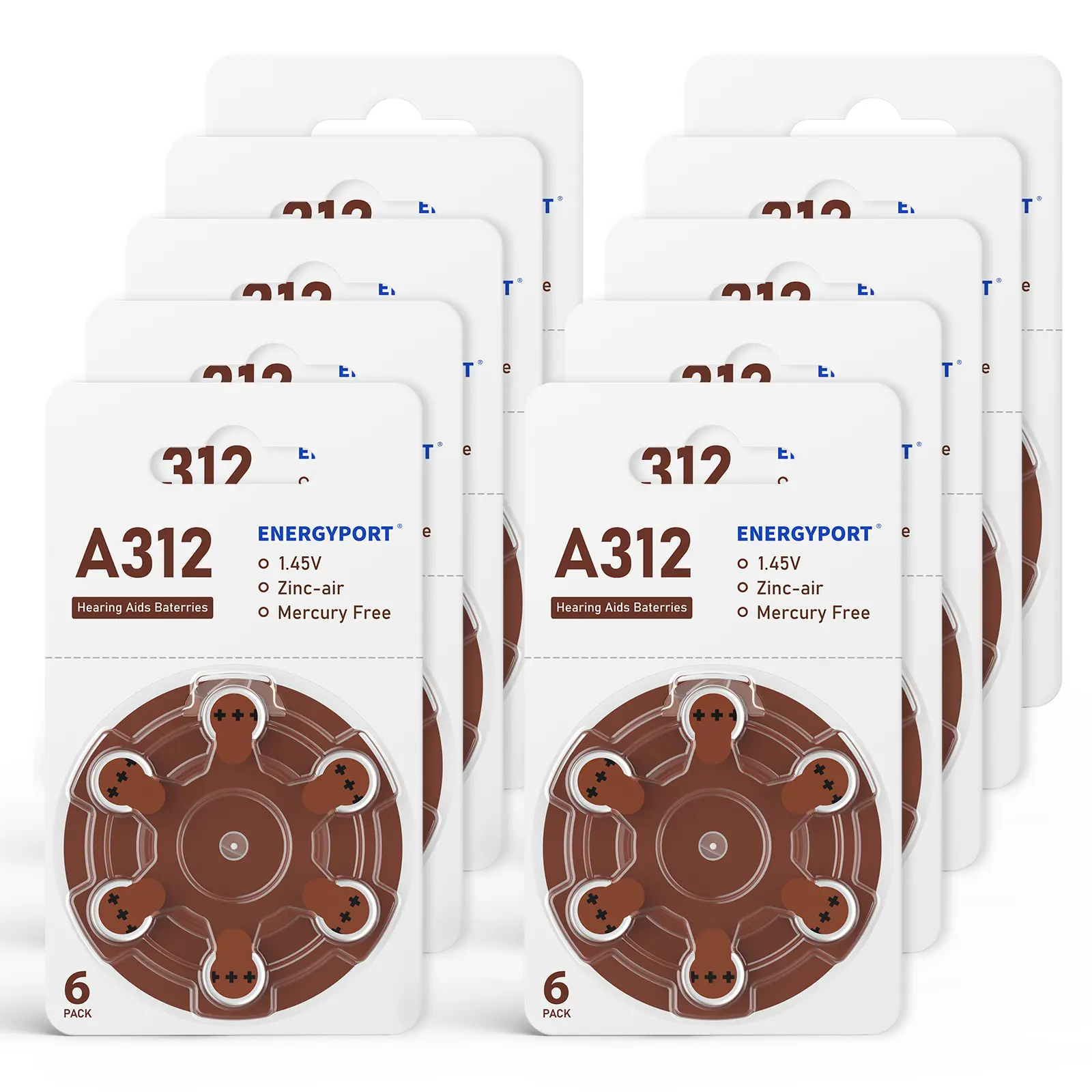 ENERGYPORT Long-Lasting Size 312 Zinc Air Hearing Aid Batteries, 1.45V High Capacity 312A Extra Batteries, 60 Count
