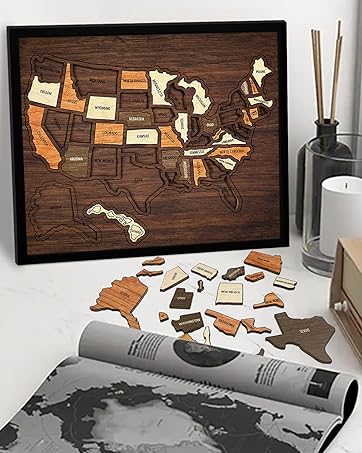 【Spring Glow Up] Map Puzzle,  Wooden USA Travel Map Puzzle, Anniversary Gift,Geography puzzle for kids, or Couples and FamiliPerfect Fes Gift, Record Your Journeys, Memory Maker, Home Decor, Travel tracker wall art, Analogue Bag,Unique gifts for travelers