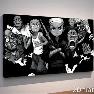 Boondocks Black Cartoon Wrapped Canvas Decor Painting Canvas Wall Art Living Room Wrapped Canvas Bedroom 2D Flat Painting Framed(Framed Wrapped Canvas), 2D Flat Poster Decoration Photo Wood