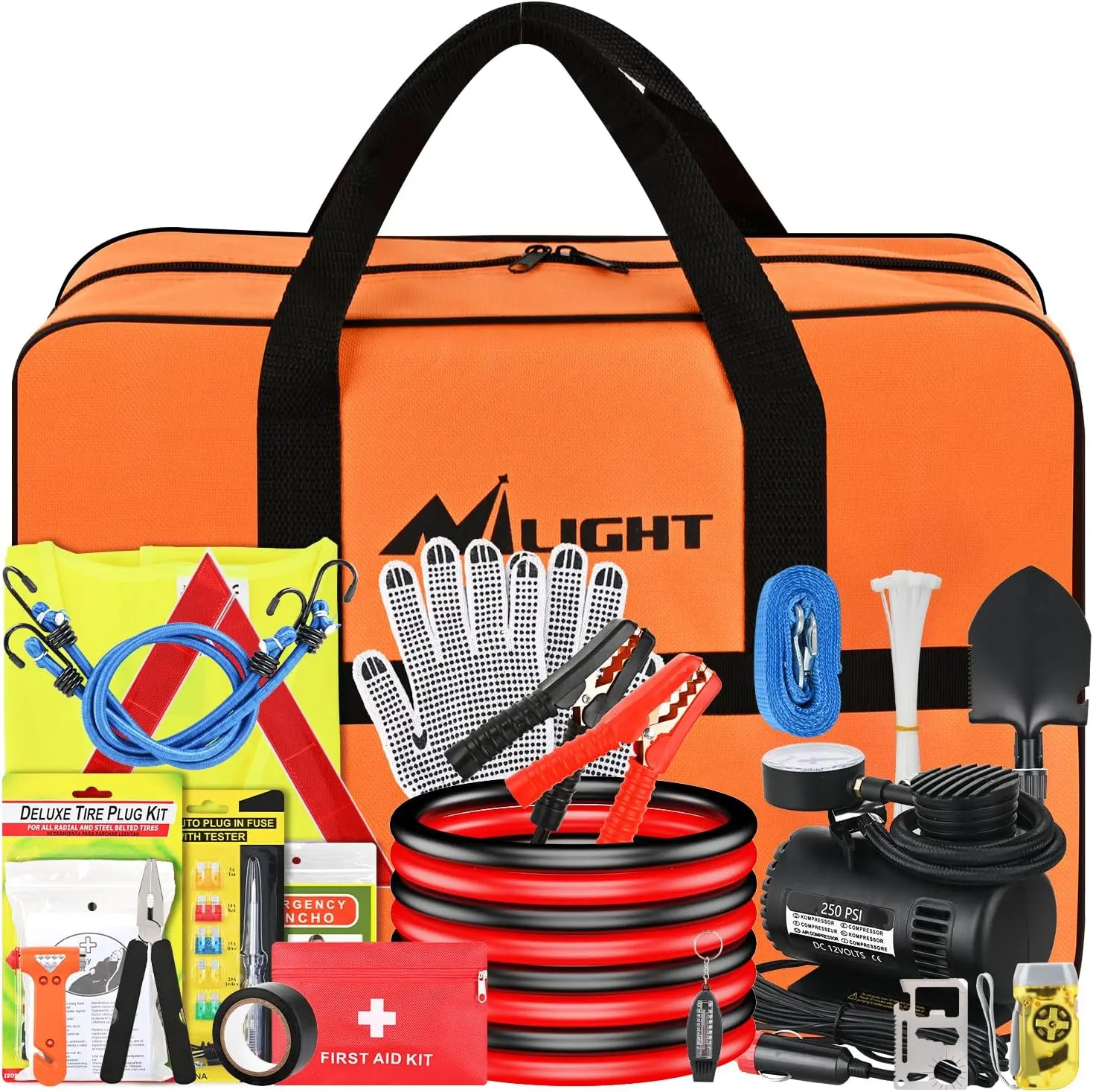 Nilight 44-Piece Roadside Emergency Kit - 8 Ga 8 Ft Jumper Cable, Air Compressor, Tire Repair Tools, First Aid Supplies, Alligator Connector, Flashlight for Cars/SUVs/RVs - Hiking, Camping Gift, Cycling