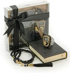 Medina Calligraphy Quran Set with Islamic Finger Counter, Portable Digital Prayer Tasbeeh, Pearl Zikirmatic Beads, 3 Pieces Gift for Ramadan & Eid & Mawlid (Black)