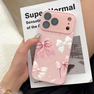 Pink-White Bow Print Dopamine Liquid Silicone Case Solid Color Fingerprint-Resistant & Skin-Friendly With Ultra Skin friendly Touch, All Inclusive Lens Phone Case Suitable for Apple 17 16 15 14 13 12