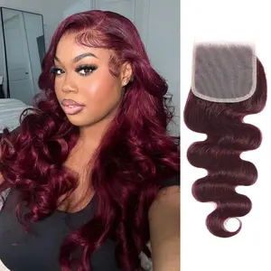 ALHER Dark Burgundy 2X6 HD Lace Closure Human Hair Body Wave 99j Burgundy Body Wave 4x4 Lace Closure Human Hair Wine Red 99J Long Deep Parting 2 by 6 HD Transparent Lace Closure 100% Unprocessed Virgin Remy Hair Pre Plucked With Baby Hair