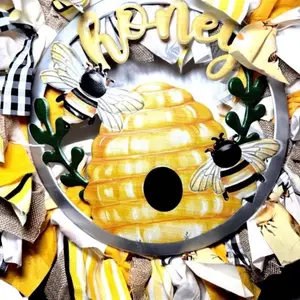 Handcrafted Bee Rag Wreath - Farmhouse Honeycomb Decor