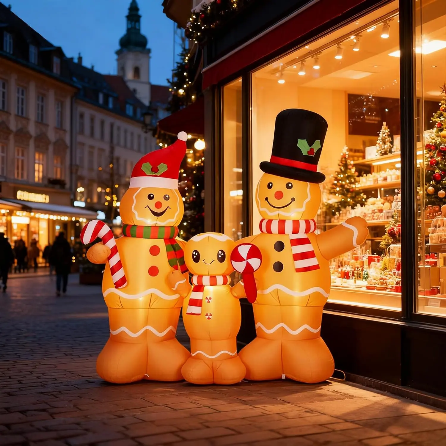6.3ft Tall Man-Shape Christmas Gingerbread Family Inflatable with Built-in LED Lights, Built-in Blower, Stakes & Tethers, Holiday Ornament for Outdoor Courtyard Decoration, Yard Decor