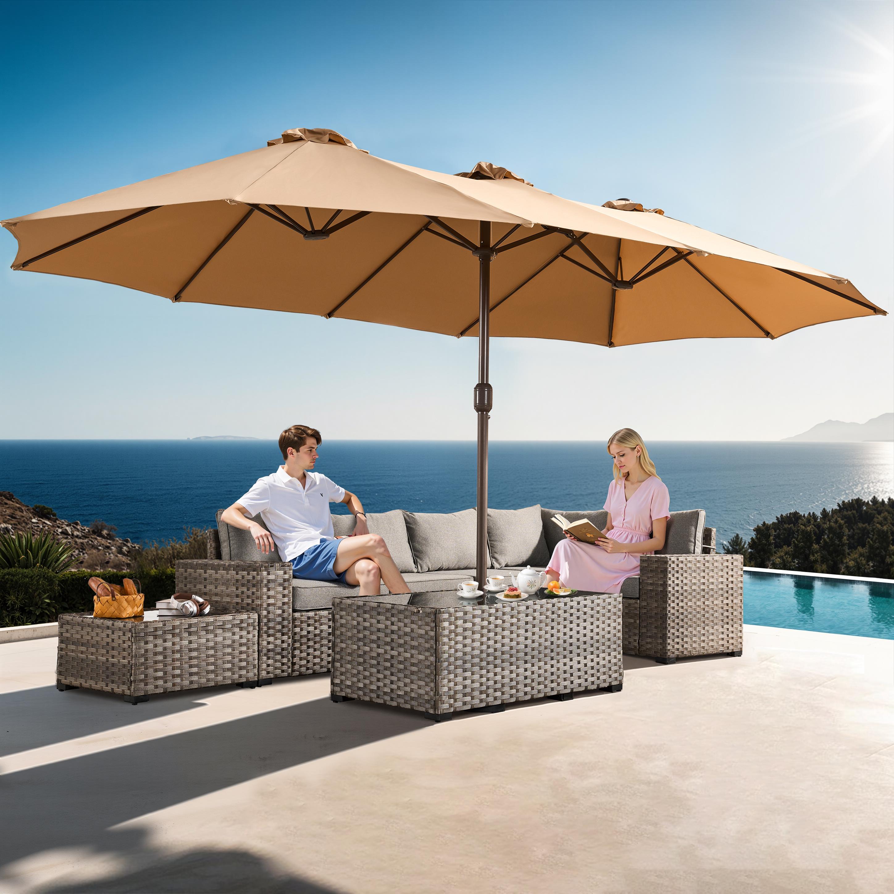 HOOOWOOO 15FT Large Double-Sided Patio Umbrella with Solar Led lights & Base Waterproof Durable Adjustable Lighted for Garden Deck Backyard Pool Beach Canopy Shade