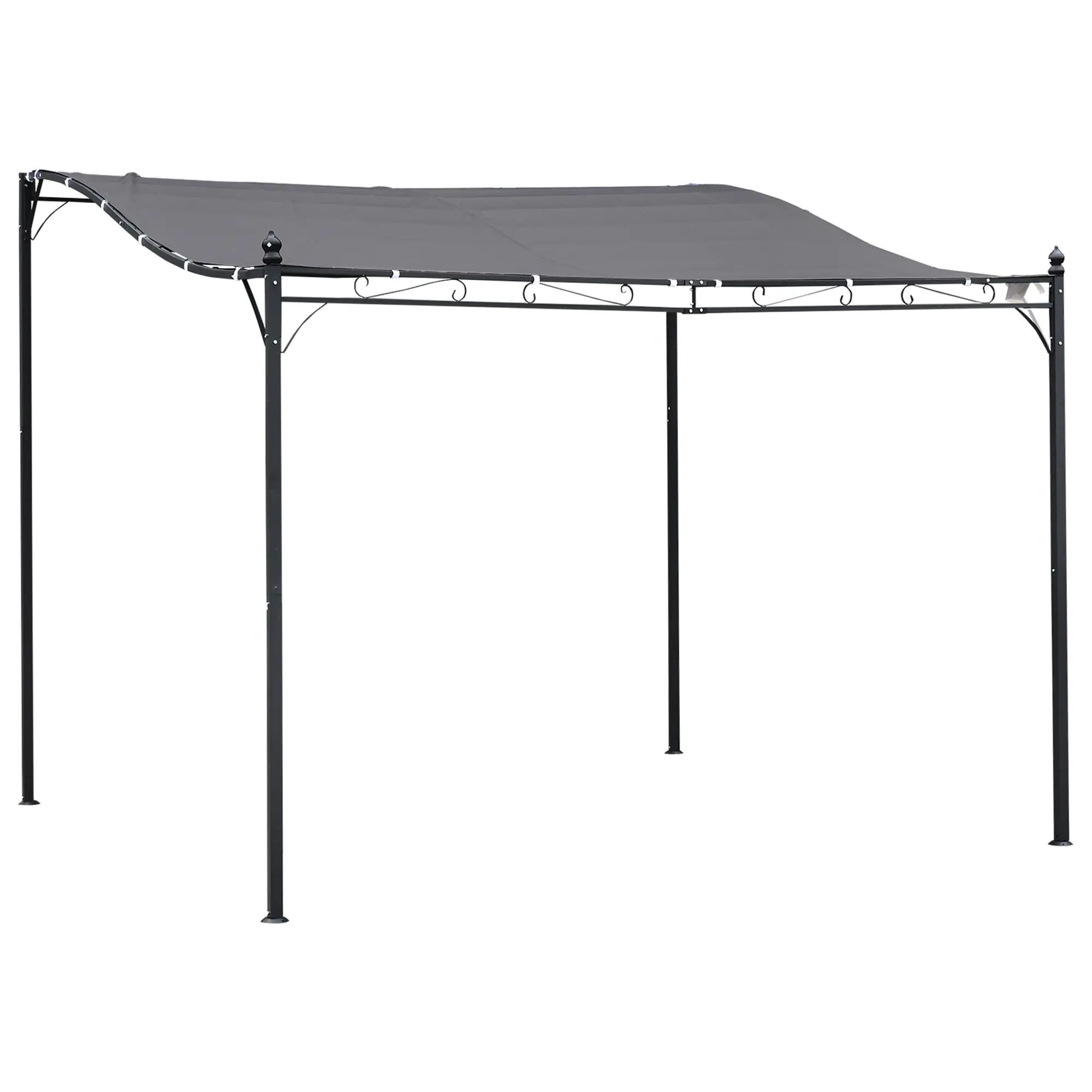Outsunny 10ft x 10ft European Powder Coated Metal Lean-To Pergola with Lean-To Roof, Outdoor Camping Shelter, Water-Resistant Fabric, Drainage Holes, End Caps, Curve Motifs & Sun Protection, Sun Shades