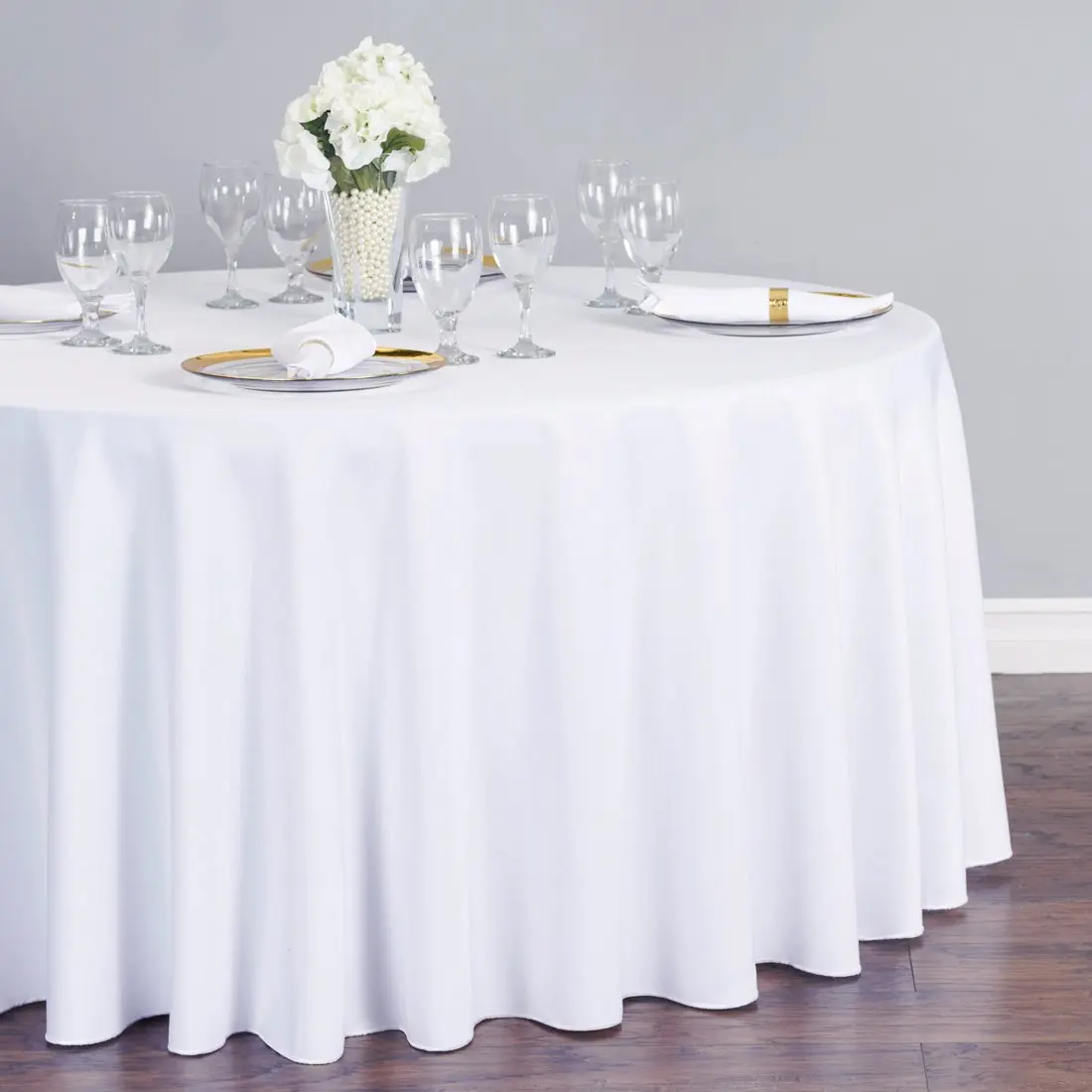120-in Round Durable Polyester Tablecloth - Beige Ornaments & Ivory Flowers, Soft Texture, Solid Colors, Wedding-Ready Look, Full Drop for 60-in Round Tables, Easy Use, Decoration & Room Decor for All Seasons