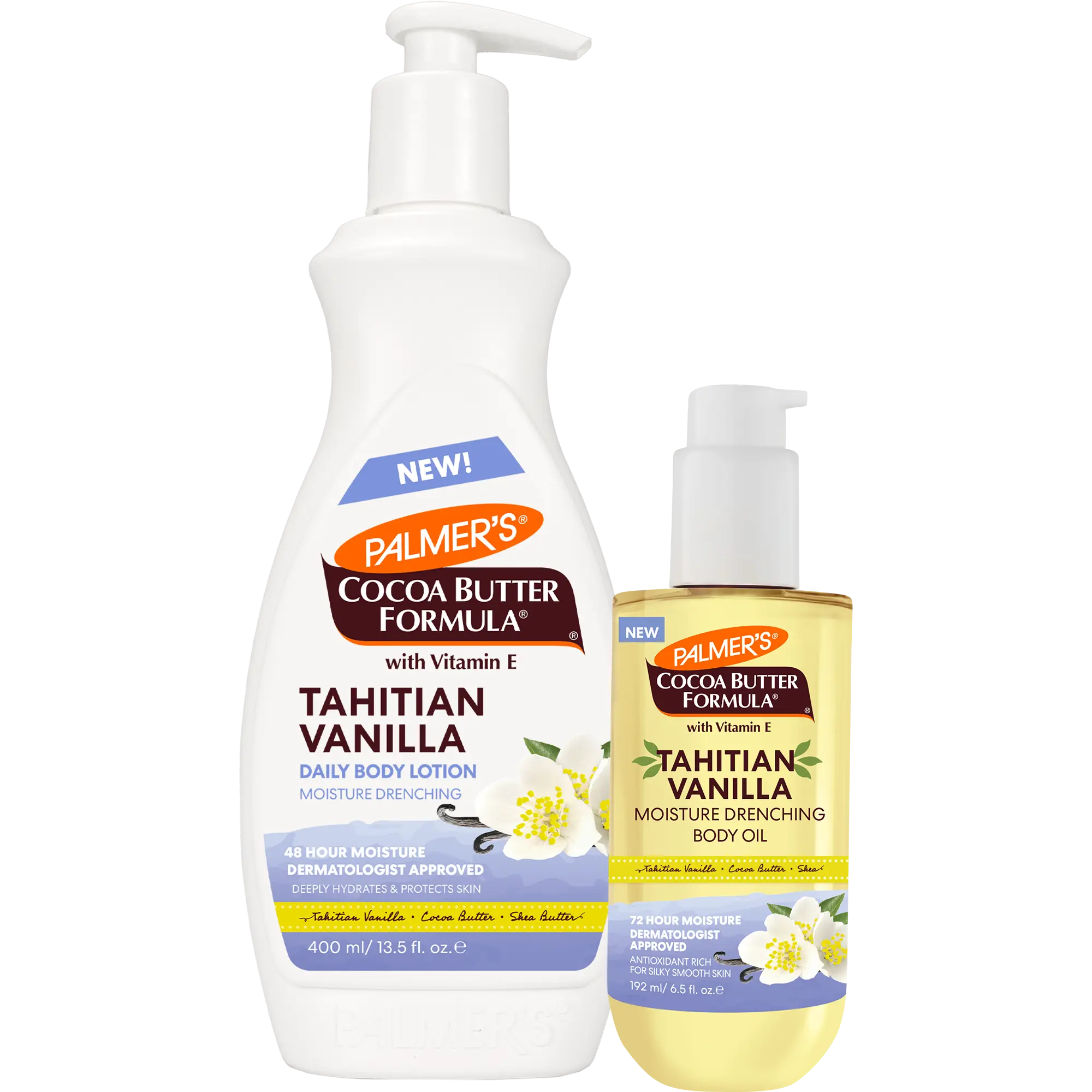 Palmer's Cocoa Butter Formula Tahitian Vanilla Moisture Drenching Body Lotion & Body Oil Bundle with Shea Butter Long Lasting Hydration Vegan Friendly  400ml & 92ml