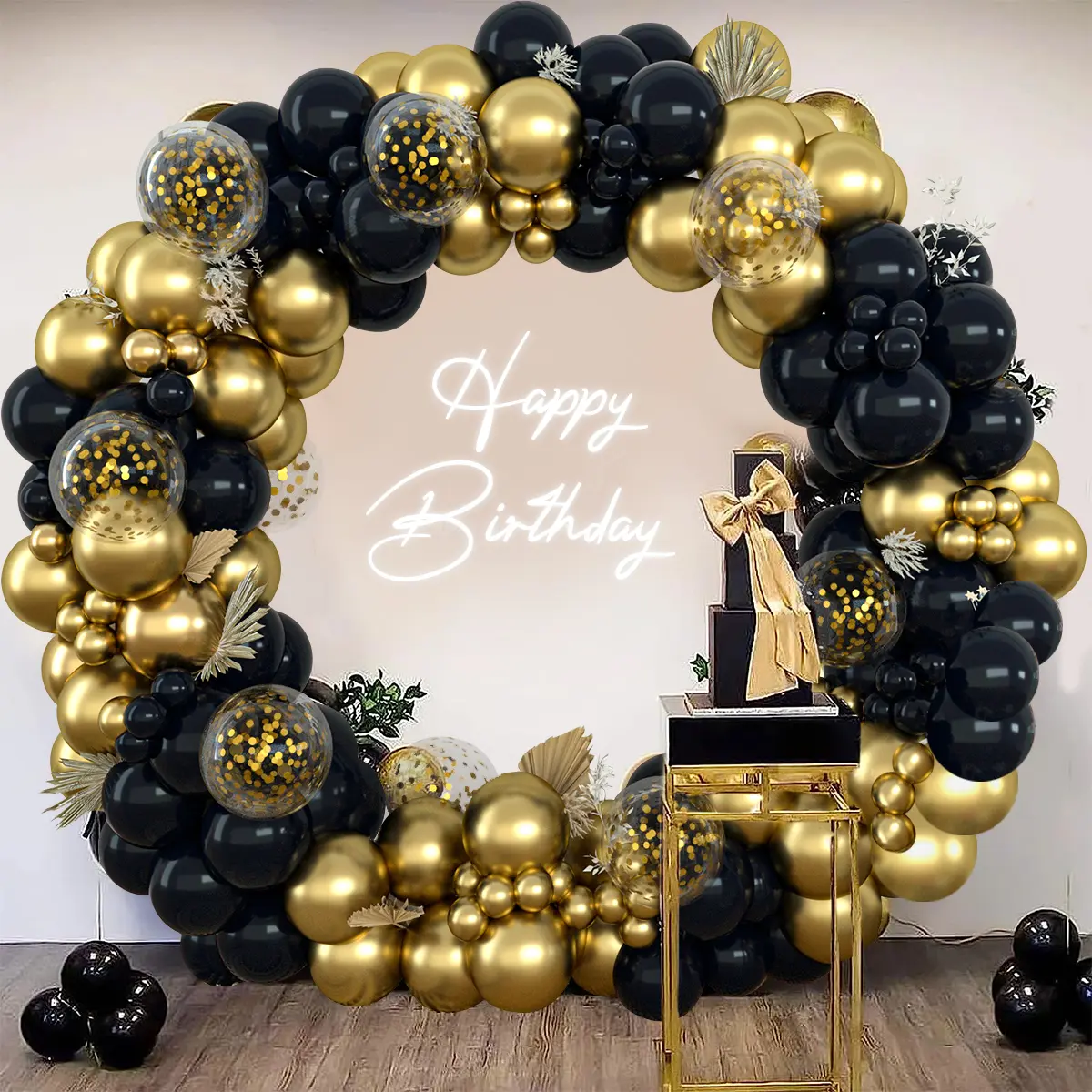 152-Piece Round Gold Black Latex & Confetti Balloon Garland Arch Kit, Easy-Setup Diverse-Styles Decor for Wedding, Graduation Celebrations