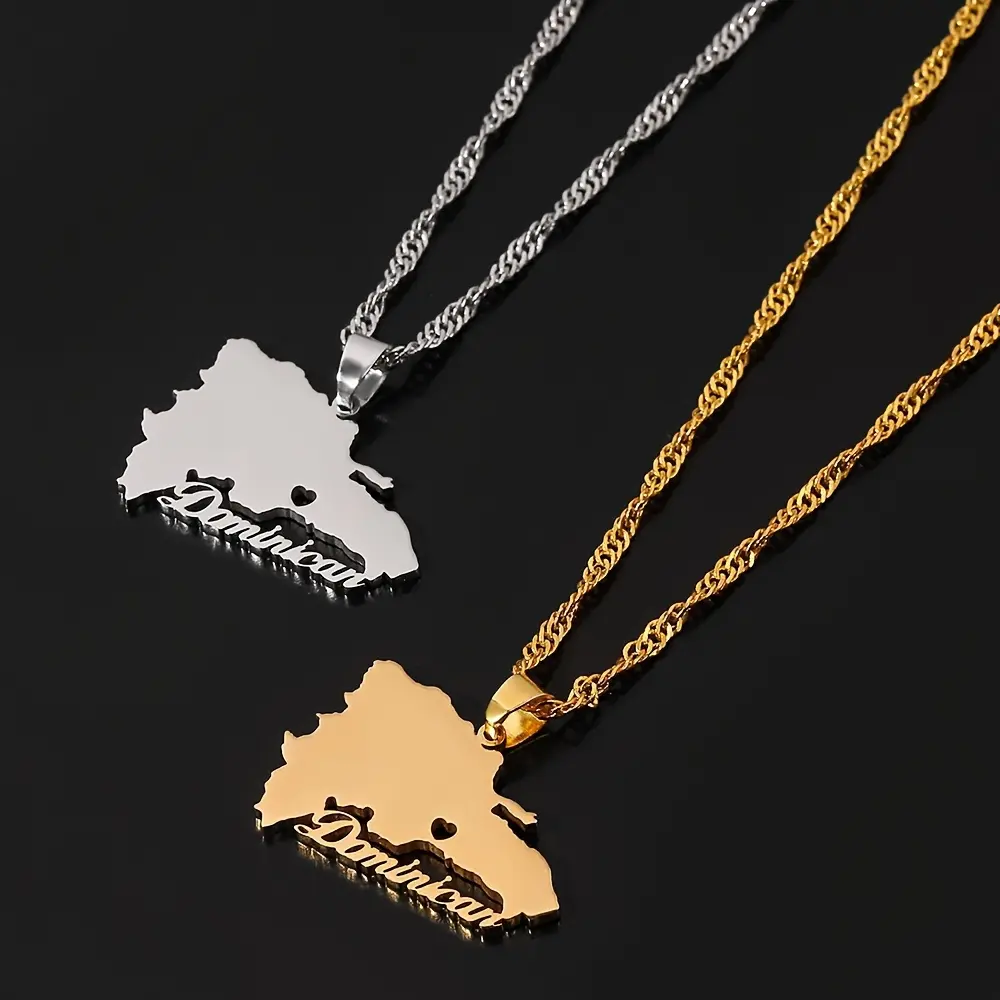 2pcs Dominican Republic Map Necklace with Heart and Dominican Script, Stainless Steel Twist Chain 19.7", Gold or Silver Tone for Daily Wear and Gifts