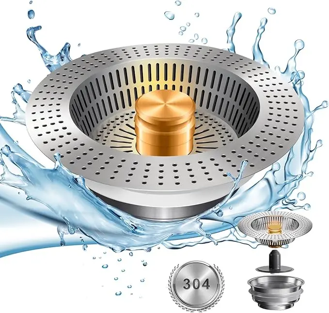 Eco-Friendly 3-in-1 Kitchen Sink Filter - Stainless Steel Plug, Food Collection Basket, Quick-Draining Deodorizing Screen, Fits American Standard 3 1/2 in Drain Outlets