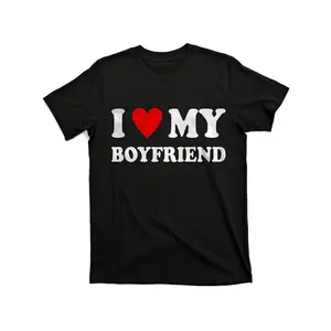 I Love My Boyfriend Graphic T-Shirt - Couples Matching Tee with Bold White Text & Red Heart, Soft Breathable Cotton Shirt for Him/Her, Lightweight Crew Neck Regular Fit Unisex  Casual Streetwear Top