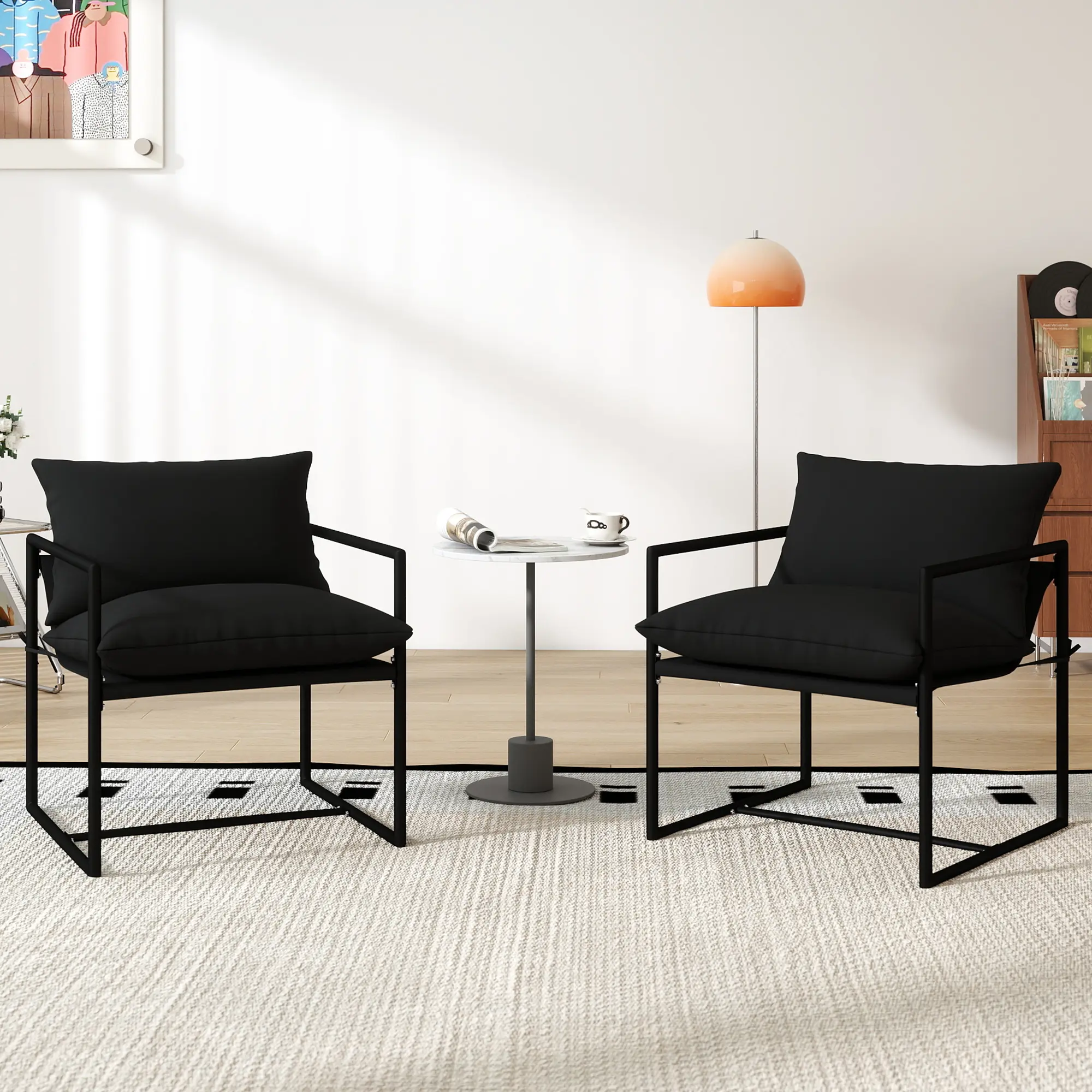 Mid-Century Modern Accent Chair with Armrest, Cozy Linen Upholstery, Square Metal Frame, 27.6"x27.6"x32.3, Easy Assembly, Set of 2, Black tiktokshopspringglowup summerwins