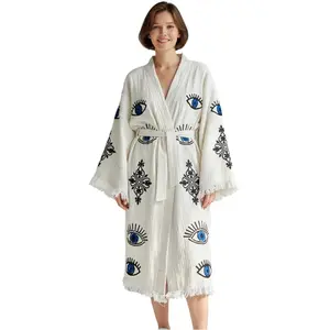 The Pinus Women's Luck Kimono Robe with Pockets 100% Cotton Kimono, Robe, Kaftan Womenswear Elegance Gowns Loungewear Nightwear Lady Chic Fit Elegant Long Sleeve Fabric Loose Soft Long sleeves XS- XL Valentine’s Day Gift