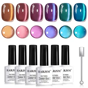 RARJSM 6Pcs Aurora Ceramics Glitter Glass Cat Eye Gel Nail Polish Set  Pink Purple Brown Blue Green Shimmer Galaxy Effect with Magnetic Stick 7.5ml Each Base Color Gel Manicure