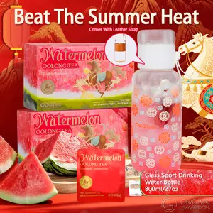 Bogo Sugar Cleanse  Lunar New Year 3.0 Watermelon Oolong Tea 2 Cartons (1 Carton 70g 7g×10packs)×2 With Color Changing Glass Sport Drinking Water Bottle With Oolong Tea Red Pitaya Watermelon Peach Pumpkin Strawberry Apple