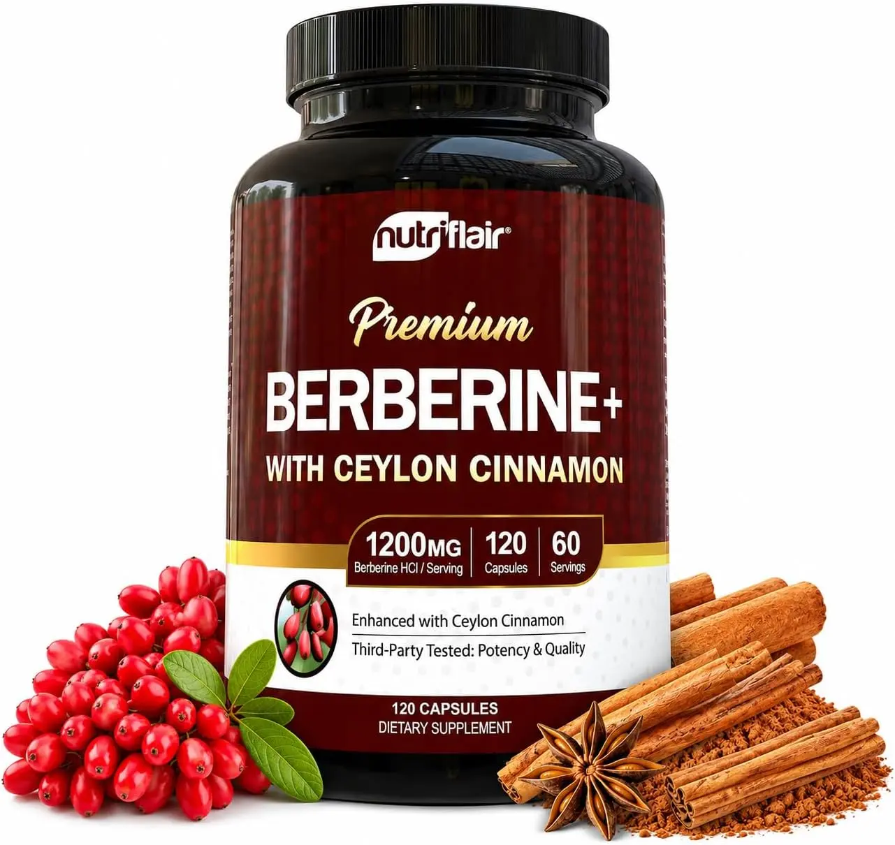 Nutriflair Berberine HCI with Organic Ceylon Cinnamon Bark All Natural Supplement, Blood Sugar Control Berberine Herbal Supplements, Cholesterol Triglycerides Digestive Nutritional Support, Dairy-Free Vegan-Friendly - 120 Dietary Capsules