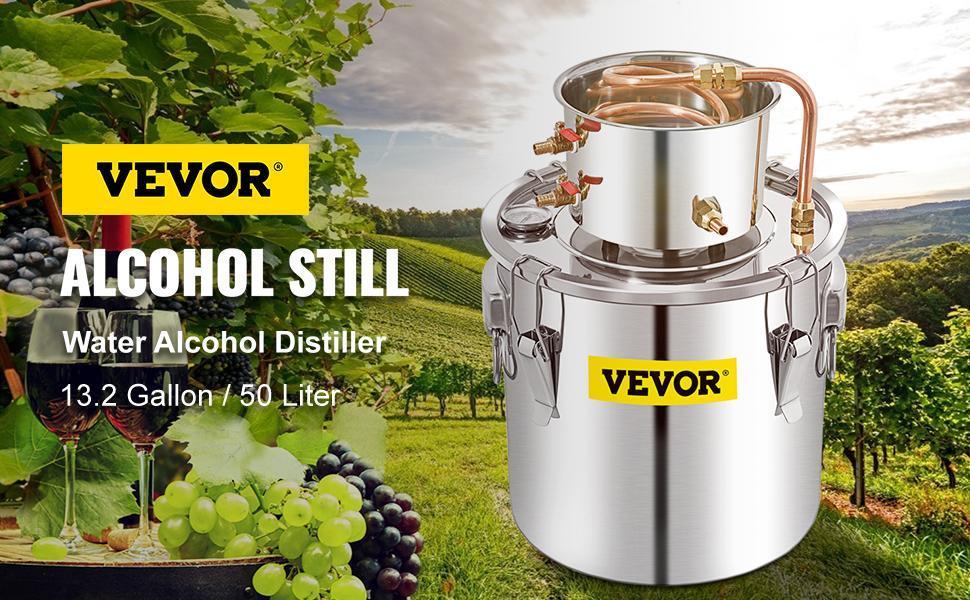 VEVOR Water Wine Still Max 13.2Gal/50L, Wine Distiller with Circulating Pump, Wine Still Copper Tube, Whiskey Distilling Kit with Build-In Thermometer, Whiskey Making Kit for DIY , Stainless Steel