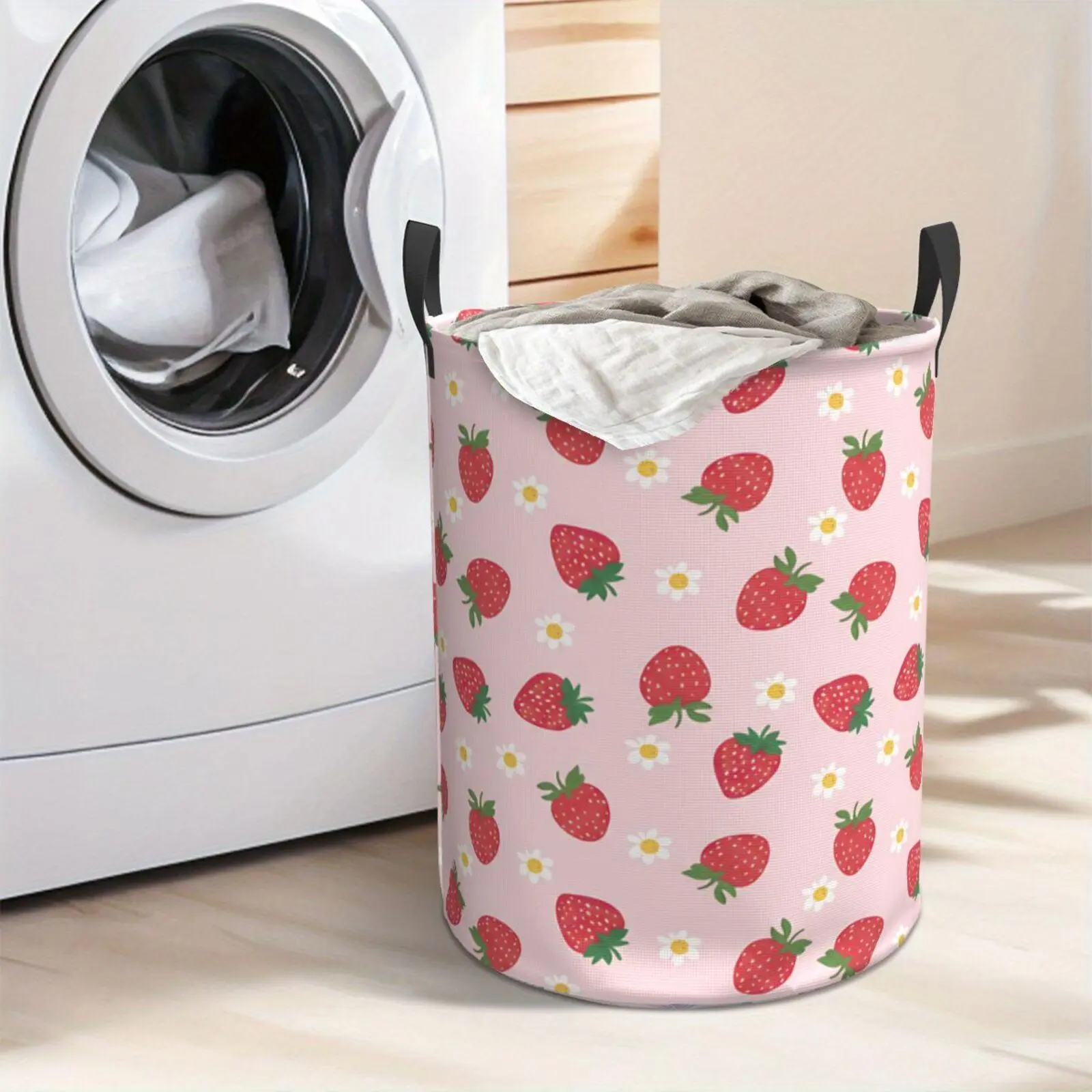 Cute Strawberry Pattern Laundry Hamper  Portable Storage Hamper with Sturdy Handle， Oxford Cloth， Easy to Store and Collapsible Design， Laundry Baskets